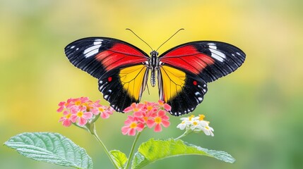 Naklejka premium A colorful butterfly perched with wings spread, showing off its radiant colors and intricate wing patterns in high-res.