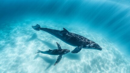 Fototapeta premium A mother whale and her calf swim gracefully together in the deep blue ocean, basking in the warm sunlight above.