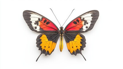 Fototapeta premium A colorful butterfly with striking wing patterns, shown in a detailed high-res image, highlighting its bold color contrasts.