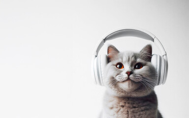 Portrait of a gray cat wearing wireless headphones on a gray background
