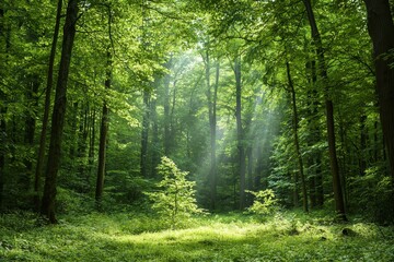 Obraz premium Enchanted Forest Sunlit Path Through Verdant Canopy - Tranquil Nature Landscape