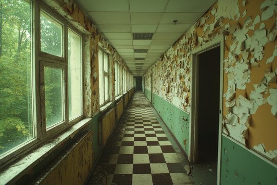Eerie Abandoned Corridor with Checkerboard Floor in Decaying Building - Atmospheric Urbex Exploration of Neglect and Decay