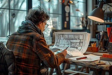 Creative Architect at Work: Designing Plans in a Cozy Studio