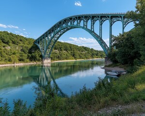 Obraz premium Tranquil Steel Arch Bridge Reflecting in Turquoise River - Serene Nature Landscape with Arching Structure and Lush Foliage - Sunny Day Scenic View