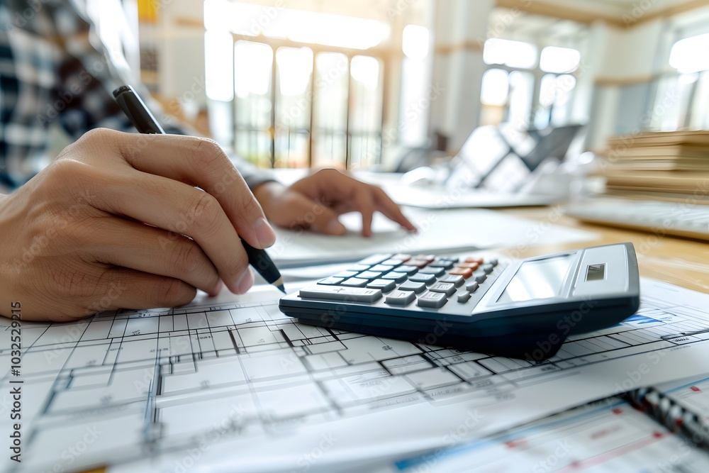 Aufkleber focused work on architectural plans with calculator and notepad