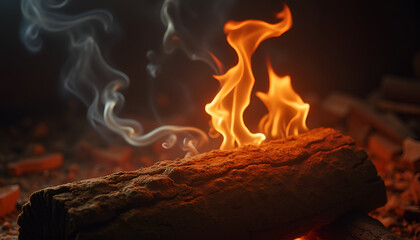 Close-up of fiery ember on rustic wooden log with smoke, showcasing warm tones and rich textures