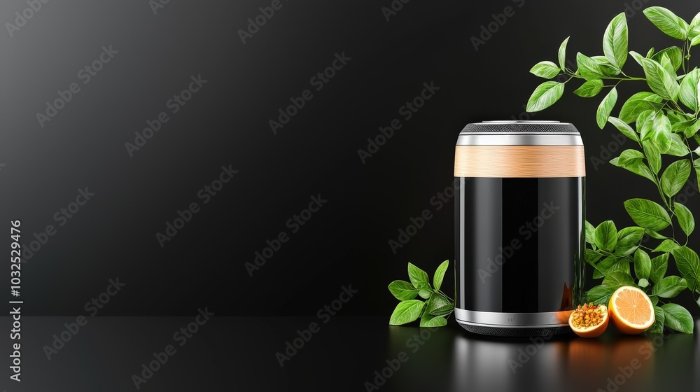 Poster a high-quality speaker displayed on a flat solid black background, emphasizing its design and sound 