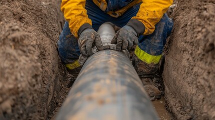 Obraz premium Precision Work Close-Up of Worker Securing Metal Pipe in Earth Trench, Industrial Labor Concept