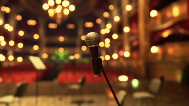A microphone stands ready in the foreground, with the stunning interior of an old opera house illuminated by warm lights in the background, creating an inviting atmosphere for the audience.