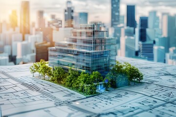 Modern Architectural Model Overlaid on City Blueprint
