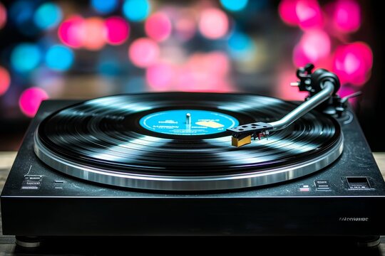 Vintage Black Turntable with Blue Record in Festive Atmosphere - Nostalgic Music Enjoyment