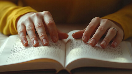 Hands of a blind person reading some braille text on page paper to learn. Finger of blind student touching the braille alphabet Code on sheet.
