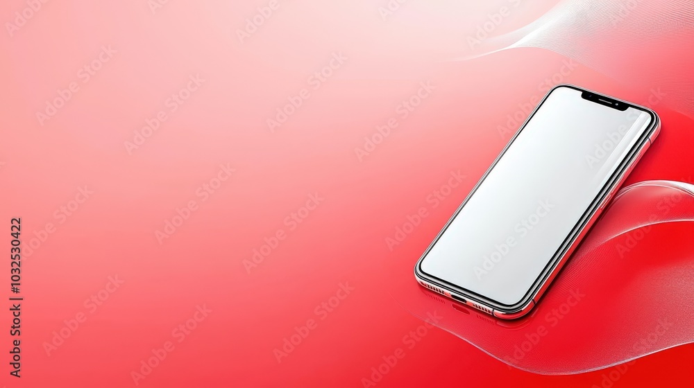 Poster a modern smartphone positioned on a smooth solid red background, emphasizing its sleek design and sh