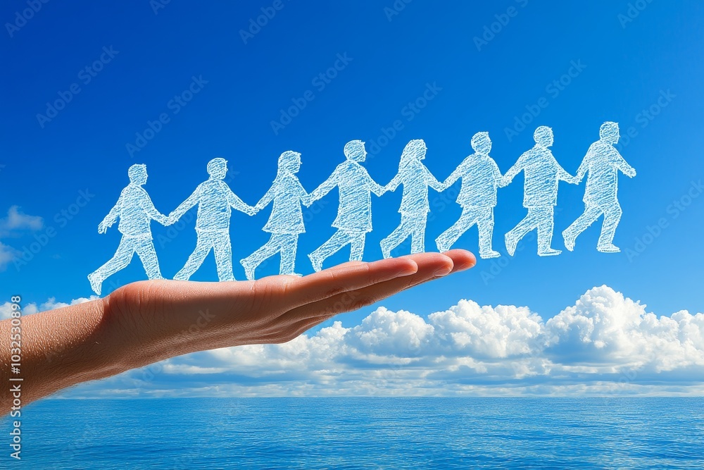 Poster digital illustration of paper cutout people walking hand in hand above the clouds symbolizing unity 