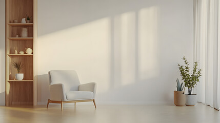 Fototapeta premium Modern interior living room features an armchair and decorative accessories against a white-colored wall- 3D rendering