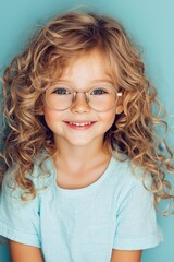 Obraz premium Captivating Close-Up Portrait of Smiling Girl with Gold-Rimmed Glasses on Blue Background - Innocence and Beauty Concept