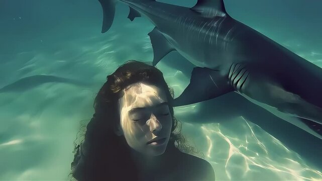 Young woman swimming peacefully, unaware of the shark nearby.