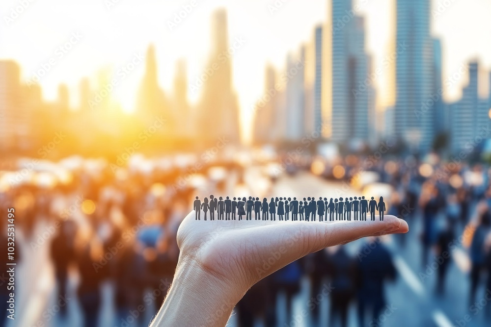 Poster hand displaying a group of miniature people in front of a city skyline during sunset symbolizing com