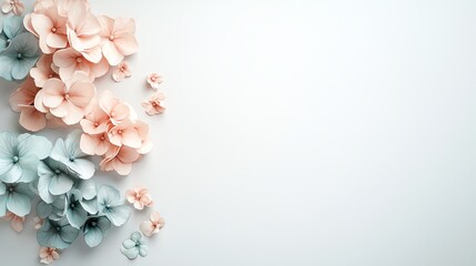 Fototapeta premium Simple watercolor hydrangeas in light pink and blue hues, arranged on a pale background, minimalist and seamless