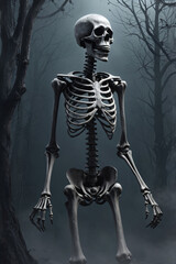 Halloween horror skeleton, looking for scare. Dark forest with death fear.