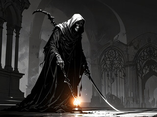 Halloween Grim Reaper illustration, Dark theme. Horror.  Halloween Moon