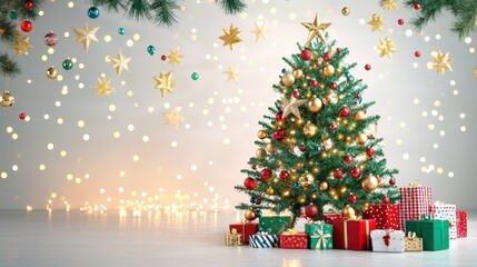 A vibrant holiday tree covered in gold stars and Christmas balls, glowing with warm lights and red and green accents for a festive look.