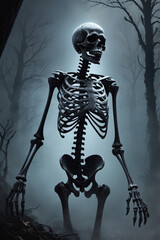 Halloween horror skeleton, looking for scare. Dark forest with death fear.