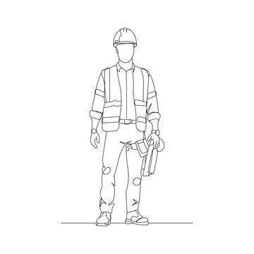 recommend clip art: dessin en ligne continue d'un travailleur du bâtiment portant un casque, line art, vecteur	
                    