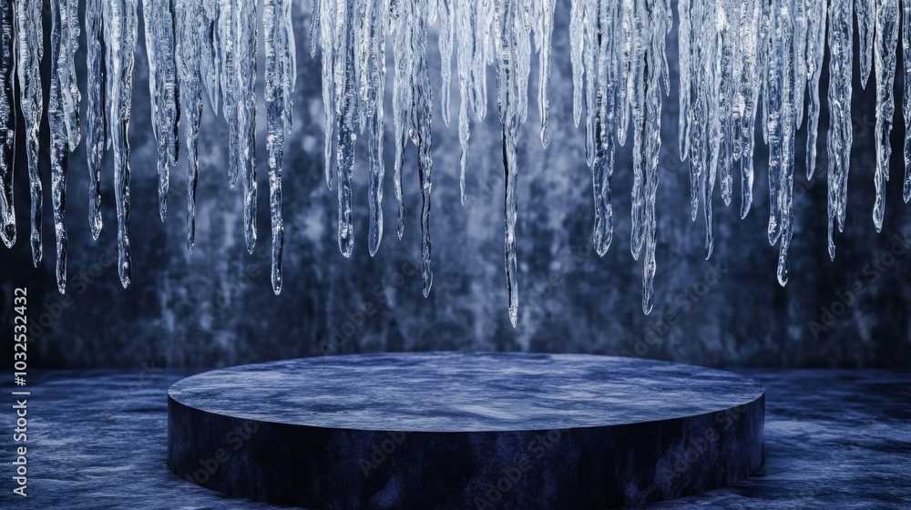 Poster Stalactites of ice dangle from above in a chilly, dimly lit space, with a circular stone platform at the center, creating an atmosphere of winter's grip and mystery.