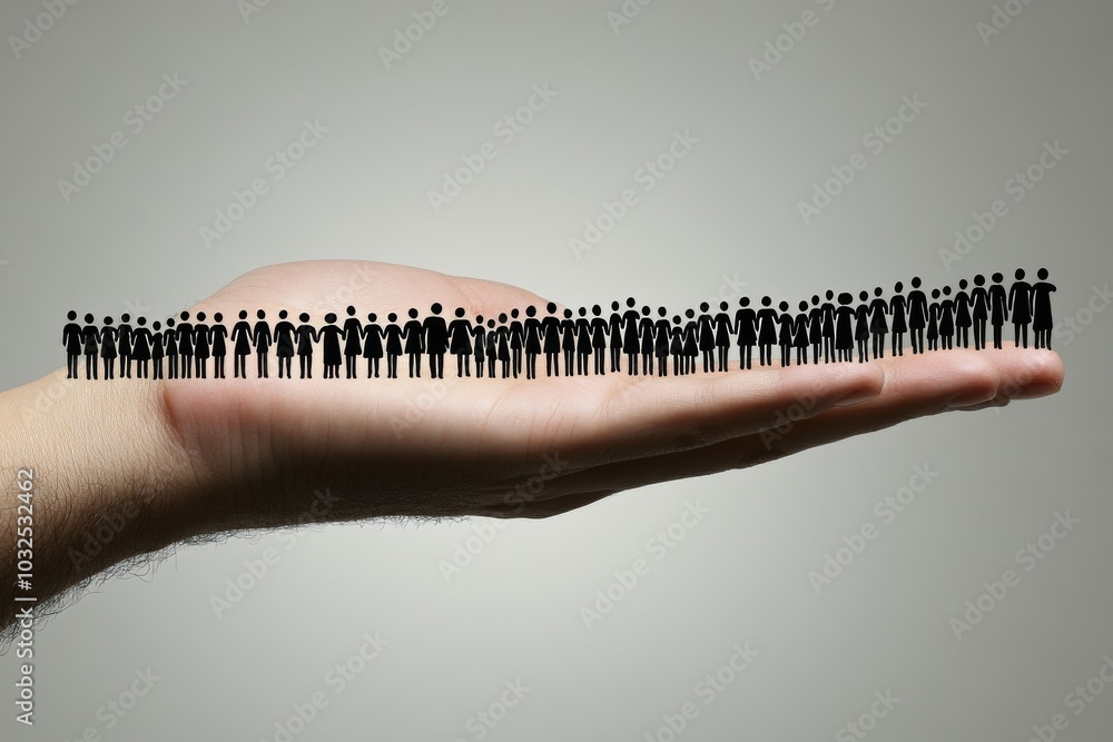 Poster Row of miniature black figures standing in a hand symbolizing leadership responsibility and guidance over a group within an organized structure in a clean minimalistic design