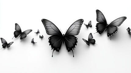 Obraz premium Abstract arrangement of butterfly silhouettes, randomly scattered across a crisp white background, creating a sense of movement.