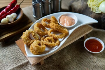 Indonesian snack appetizer deep fried tempe chicken calamari golden brown