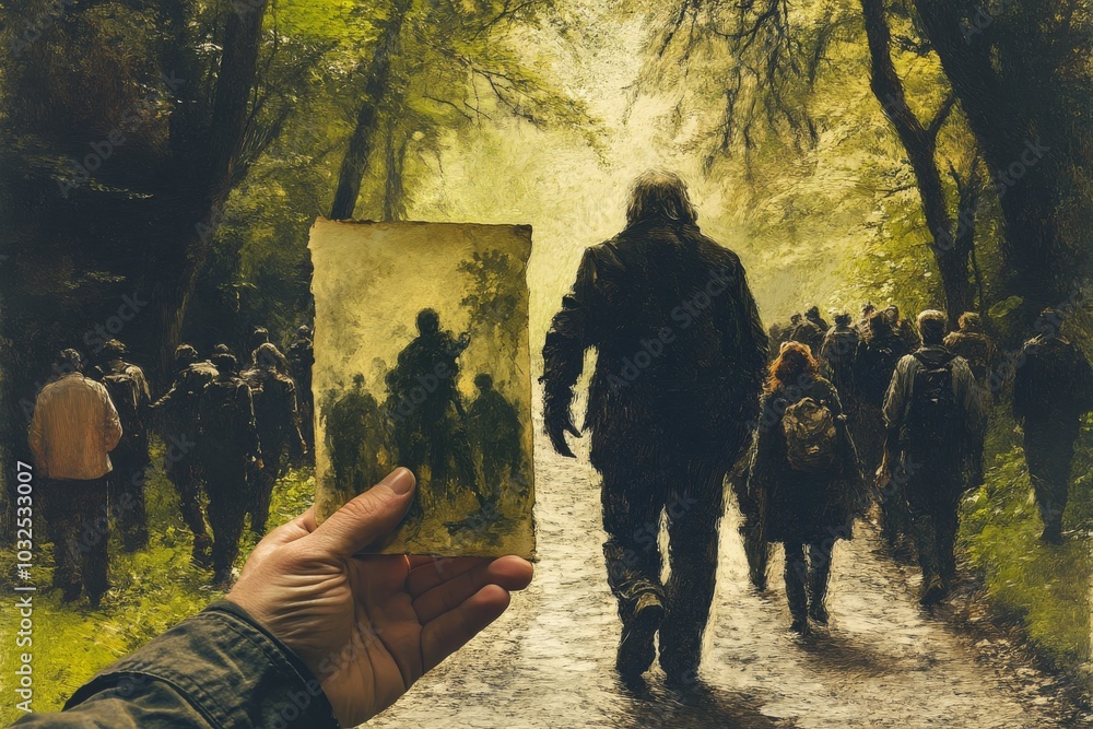 Poster large man walking into a forest holding a frame showing a crowd symbolizing solitude introspection a