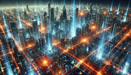 Fototapeta premium Abstract Digital City with Pulsing Lights and Futuristic Architectural Designs