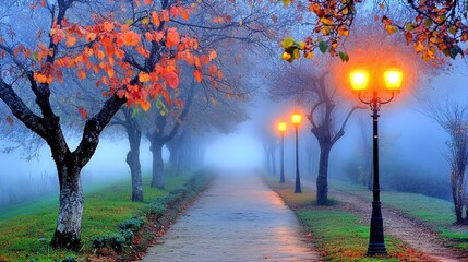 A misty pathway lined with trees in autumn, illuminated by street lights.