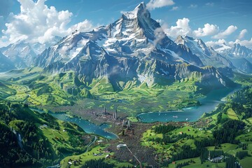 Majestic Alpine Landscape with a Serene Lake and Lush Green Valleys