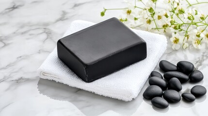 Black soap bar on a white towel with stones and flowers, clean aesthetic.