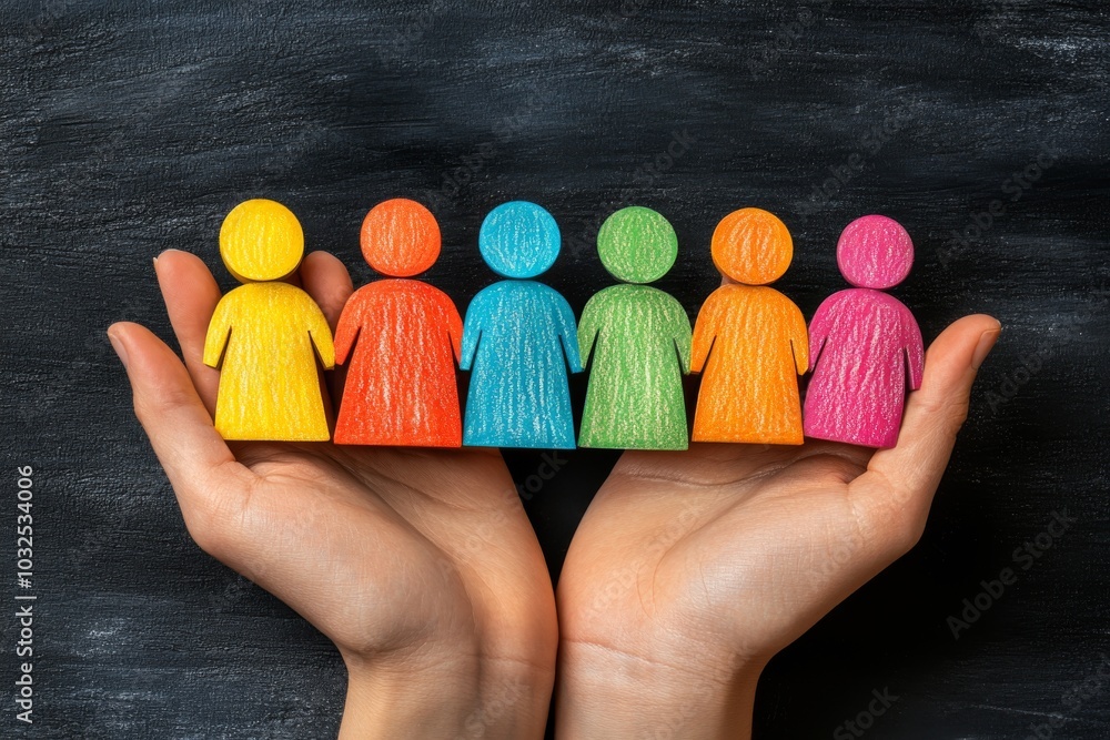 Poster hands holding colorful wooden figures on a chalkboard background symbolizing diversity inclusion and