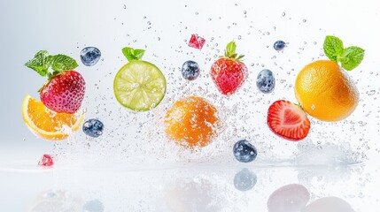Crystal-clear image of legendary fruits resembling rare gems, falling and scattering sparks of energy on a clean white surface.