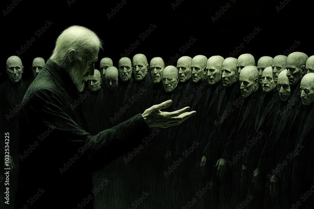 Poster dark surreal scene of a man addressing a faceless crowd symbolizing isolation authority and existent