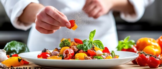 Chef garnishing a colorful vegetable dish on a white plate in a modern kitchen.