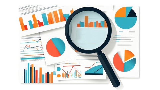 Charts and graphs with a magnifying glass on a white background.
