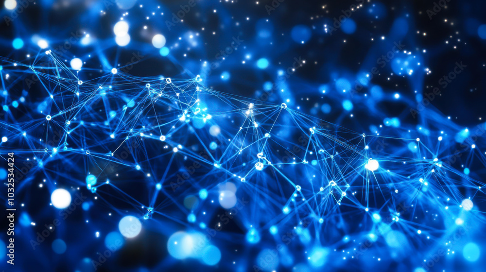 Poster intricate network of glowing nodes and lines representing a digital data flow in a futuristic landsc