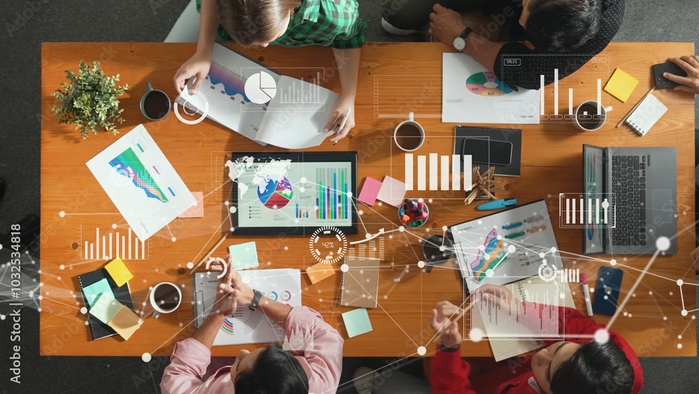 Poster top view of business people working and analyzing investment data with financial chart and stock mar