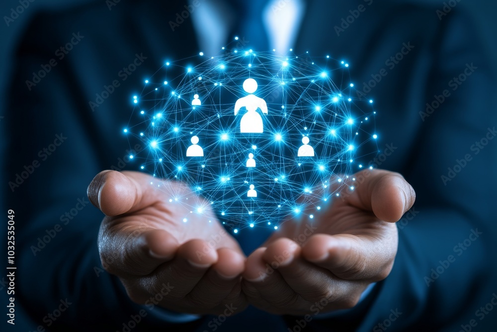 Poster hands holding a glowing sphere with a connected human figure in the center symbolizing technology ne
