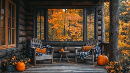 Obraz premium A log cabin porch features two comfortable chairs adorned with blankets and cushions, accompanied by pumpkins, set against brilliant autumn trees.