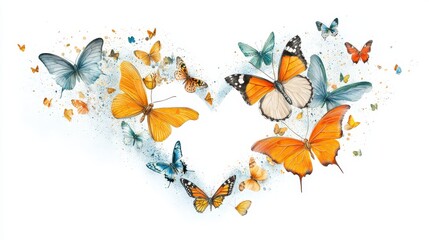 Obraz premium Intricate moths flying together in a heart shape, suspended mid-air on a clean white background, high-resolution wing detail.