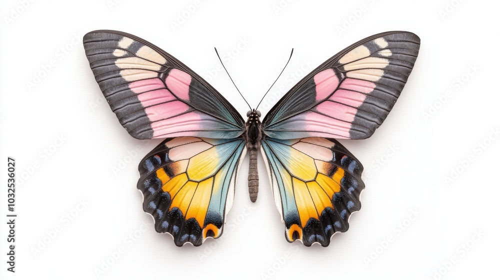 Poster macro shot of a colorful butterfly with its wings fully opened, displaying a range of vibrant hues i