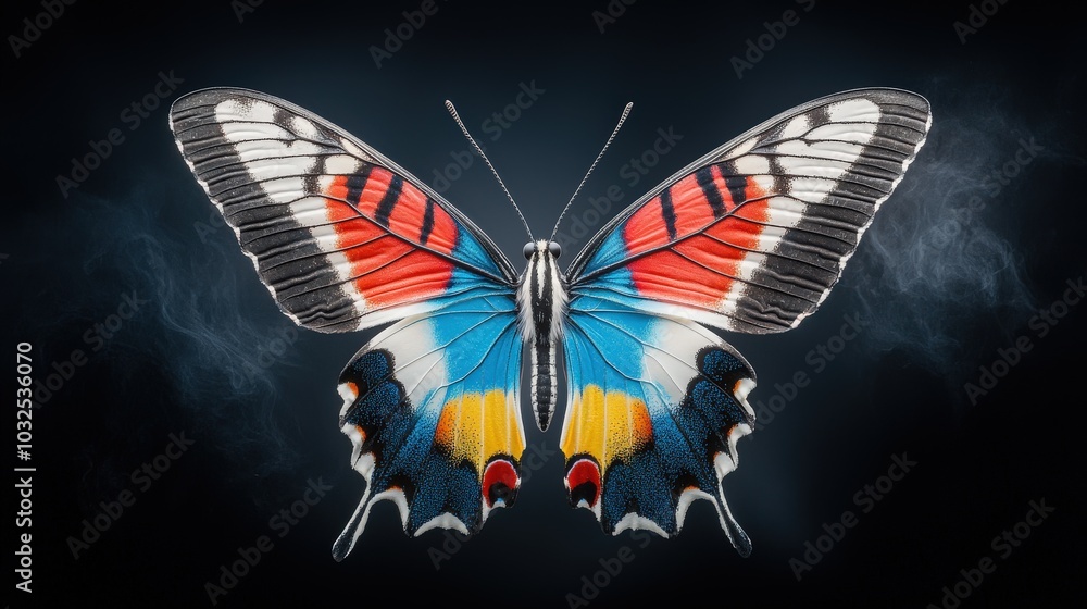 Poster macro shot of a colorful butterfly with its wings fully opened, displaying a range of vibrant hues i