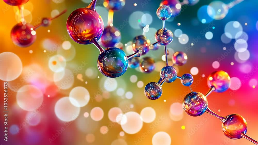 Aufkleber a colorful molecule model with iridescent spheres connected by thin lines against a blurred backgrou